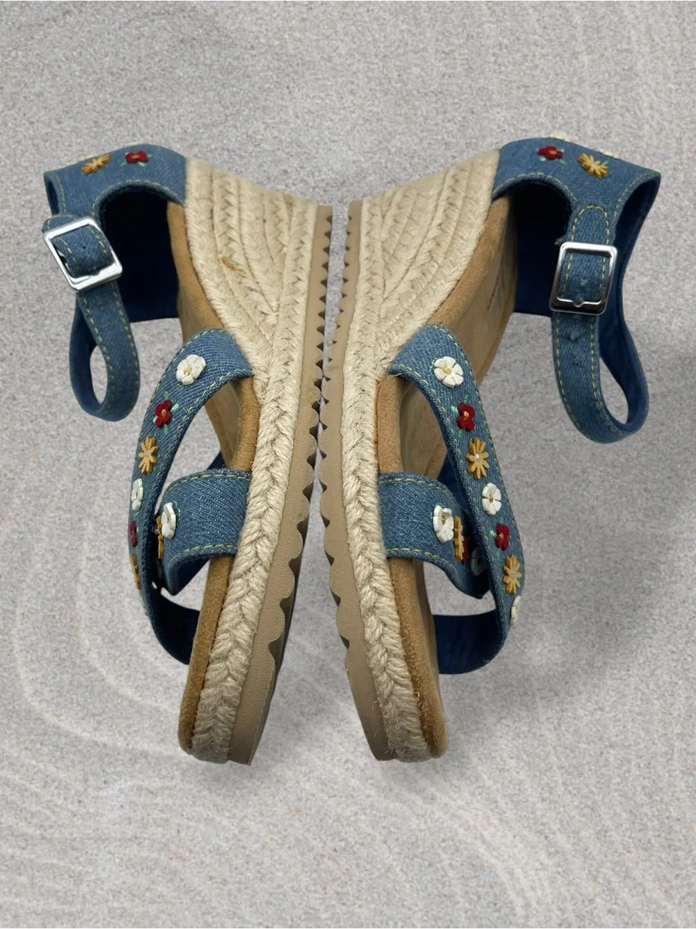 Skechers Cali Monarchs Cali Fever Denim Embroidered Wedge Sandals Size 7